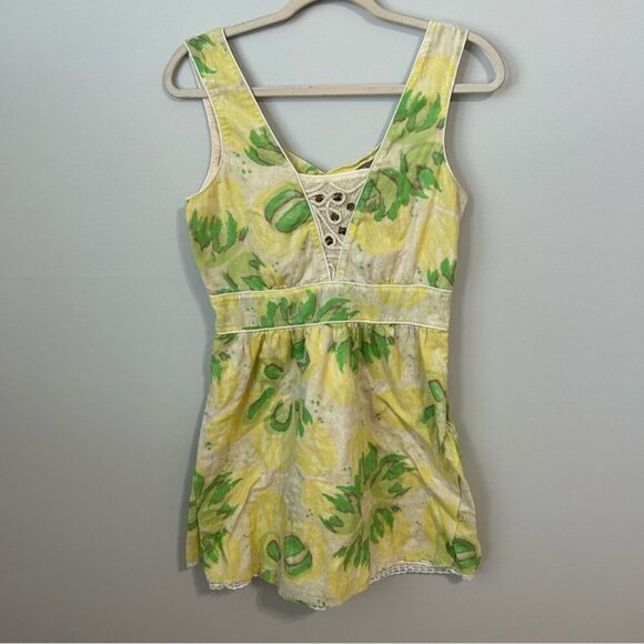 Free People Yellow Green Floral Sleeveless Mini Cotton Sundress Women’s Size 8 - Picture 2 of 6